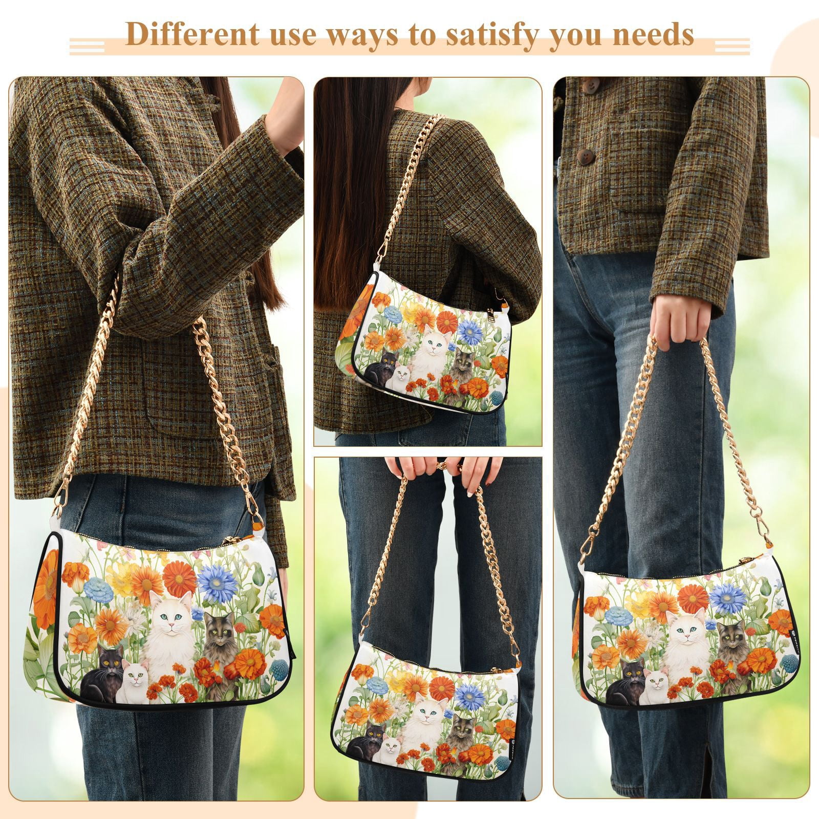 Cats Around Flowers LeavesWomen Small Shoulder Bag Crossbody Tote Hobo Bags Purse Clutch Handbags with Chain Strap for Women