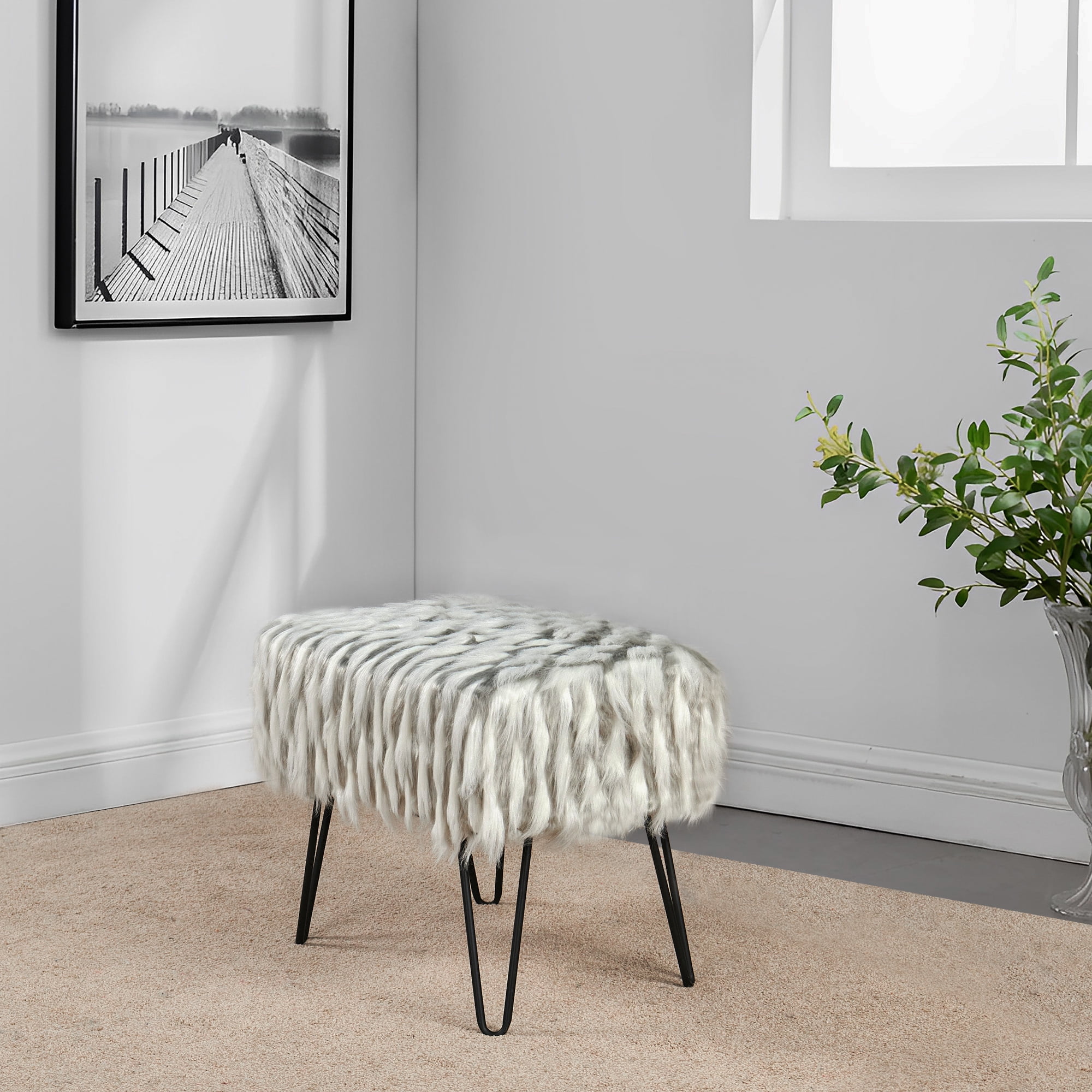 Home Soft Things Feathery Faux Fur Stool Chair Upholstered Footrest Ottoman with Black Metal Legs and Padded Seat, Grey, 19" x 13" x 17"