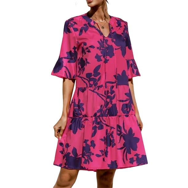 Vestido corto de verano en línea A para mujer Color sólido/impresión floral Vestido de manga corta y cuello en V Nituyy Vestido pastel estampado de mujer con cuello en V