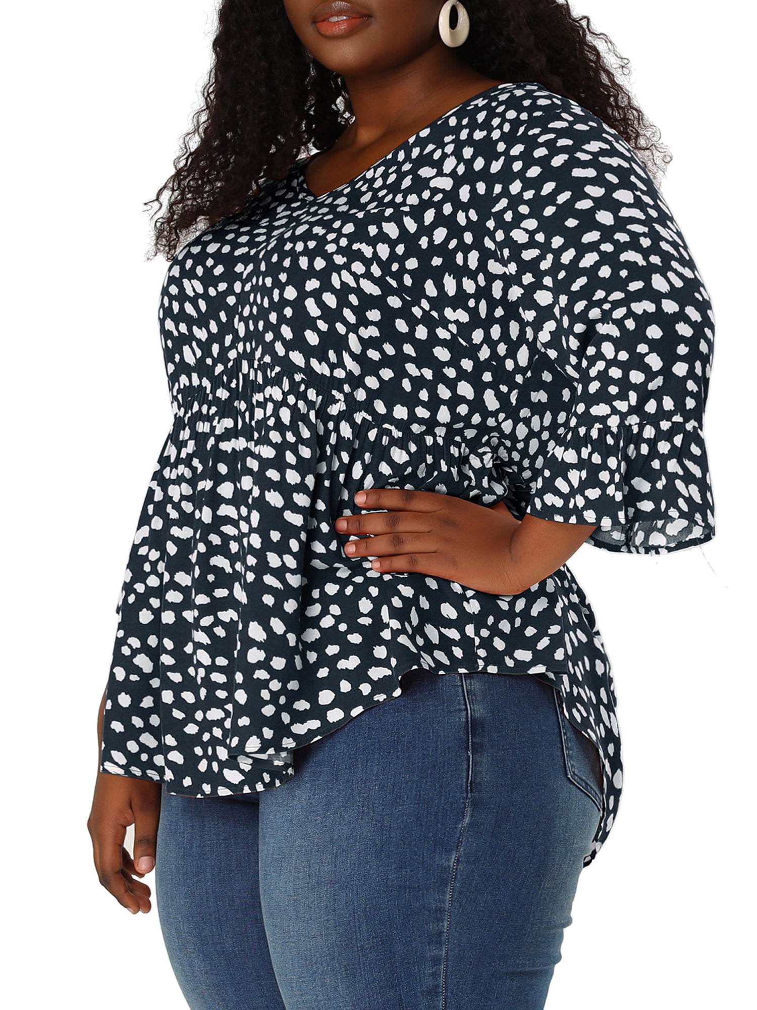 Unique Bargains Juniors' Plus Size Ruffle Sleeve Blouse V Neck 3/4 Polka Dots Peplum Top 4X Navy Blue