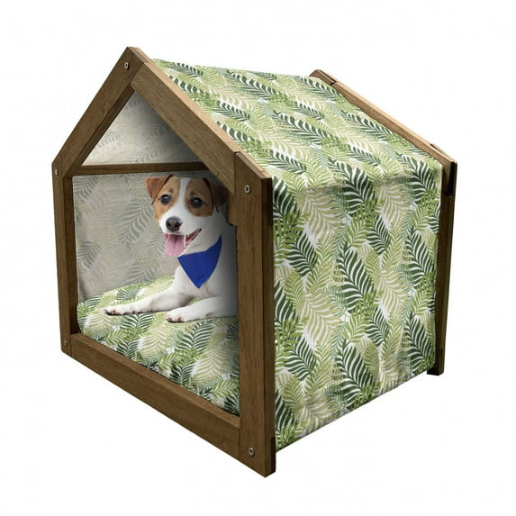 Leaf Pet House, Tropic Exotic Palm Tree Leaves Natural Botanical Spring Summer Contemporary Graphic, Outdoor & Indoor Portable Dog Kennel with Pillow and Cover, 5 Sizes, Green Ecru, by Ambesonne