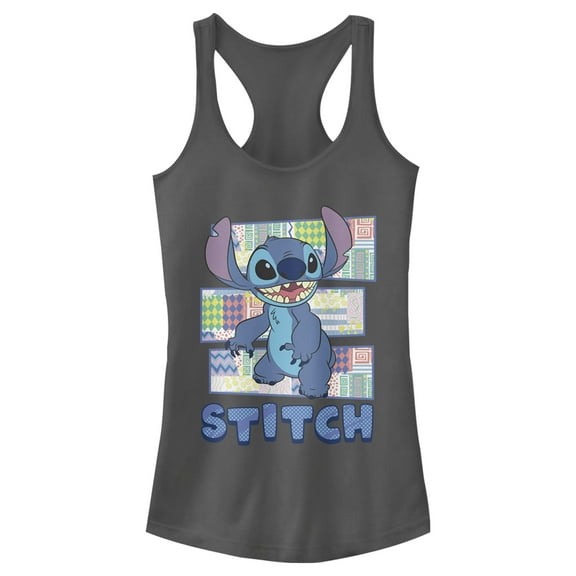 Junior's Lilo & Stitch Retro Pattern Panels  Racerback Tank Top Charcoal 2X Large
