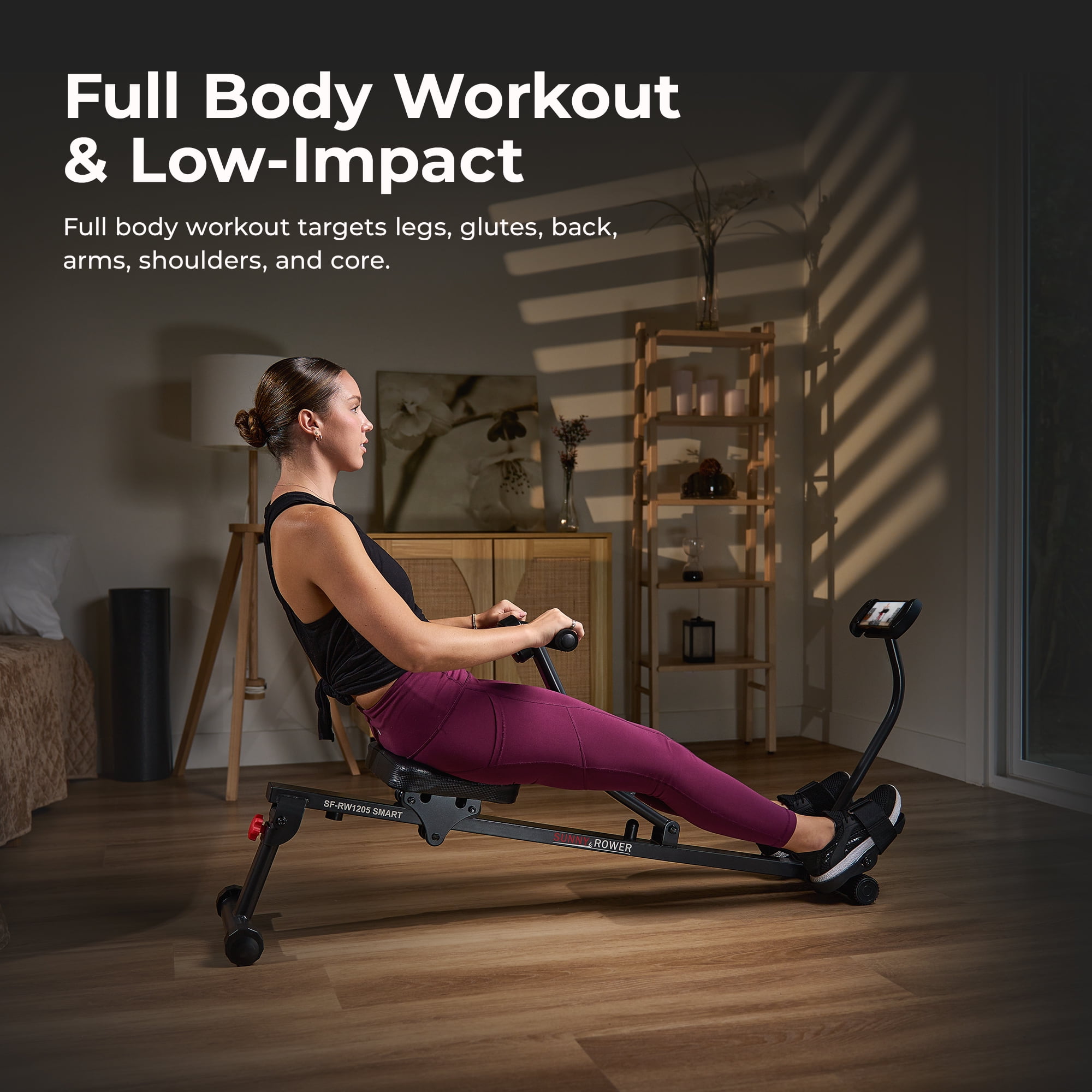 Sunny Health Fitness SMART Compact Adjustable Rowing Machine 12 Levels Adjustable Resistance Complete Body Workout Connect via Bluetooth with