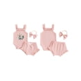 thumbnail image 2 of FOCUSNORM Baby Girl Summer Outfits Waffle Flower Embroidered Sleeveless Romper Ruffles Shorts Headband 3Pcs Clothes Set, 2 of 9