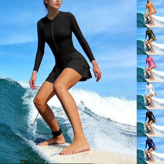 jobturf Wet Suit Women's Swing Half Zip Dress with Boy Shorts 2 Piece Outfits Modest Long Sleeve Swimsuits Bathing Suits for Surfing S-XXL