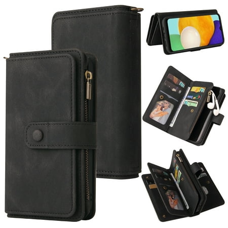 Wallet Case for Motorola Moto G30, Magnetic Zipper Pouch Premium PU Leather with Kickstand Wallet Flip Shockproof Phone Case Wrist Strap Card Slots Holder Pocket Moto G30, Black