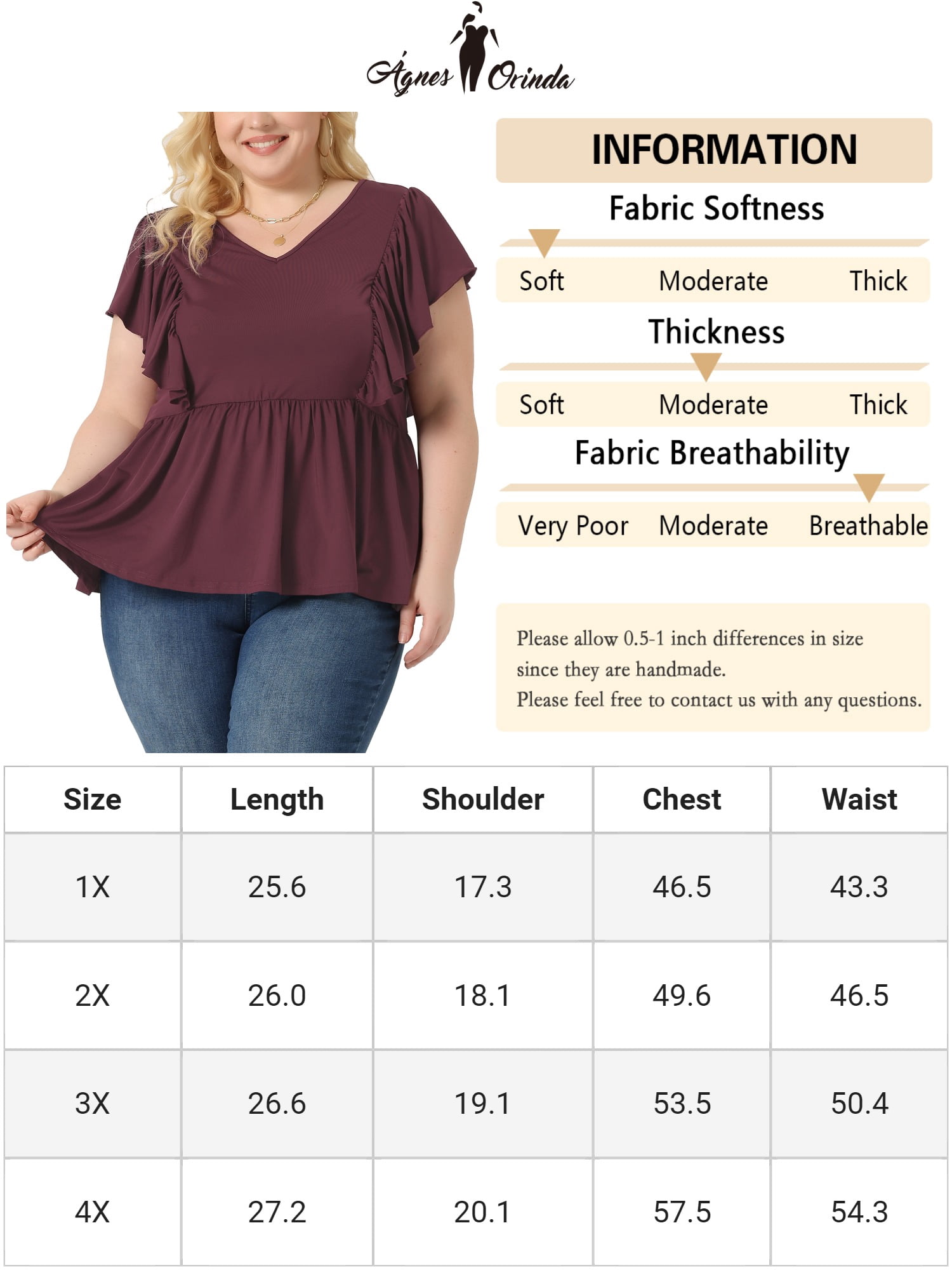 Unique Bargains Women Plus Size Tops V Neck Ruffle Sleeve Pleated Peplum Blouse Purplish Red 4X