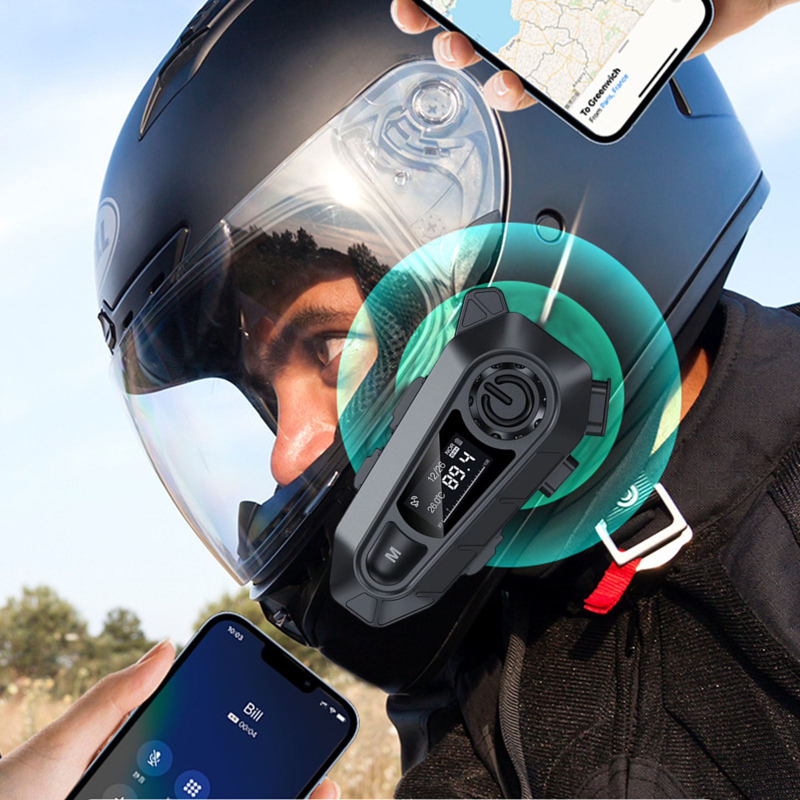 Motorcycle Bluetooth Headset, Waterproof Wireless Motorbike Intercom Headset with CVC Noise Cancellation Stereo, Bluetooth Motorcycle Helmet Headset for Full face Helmet, Black