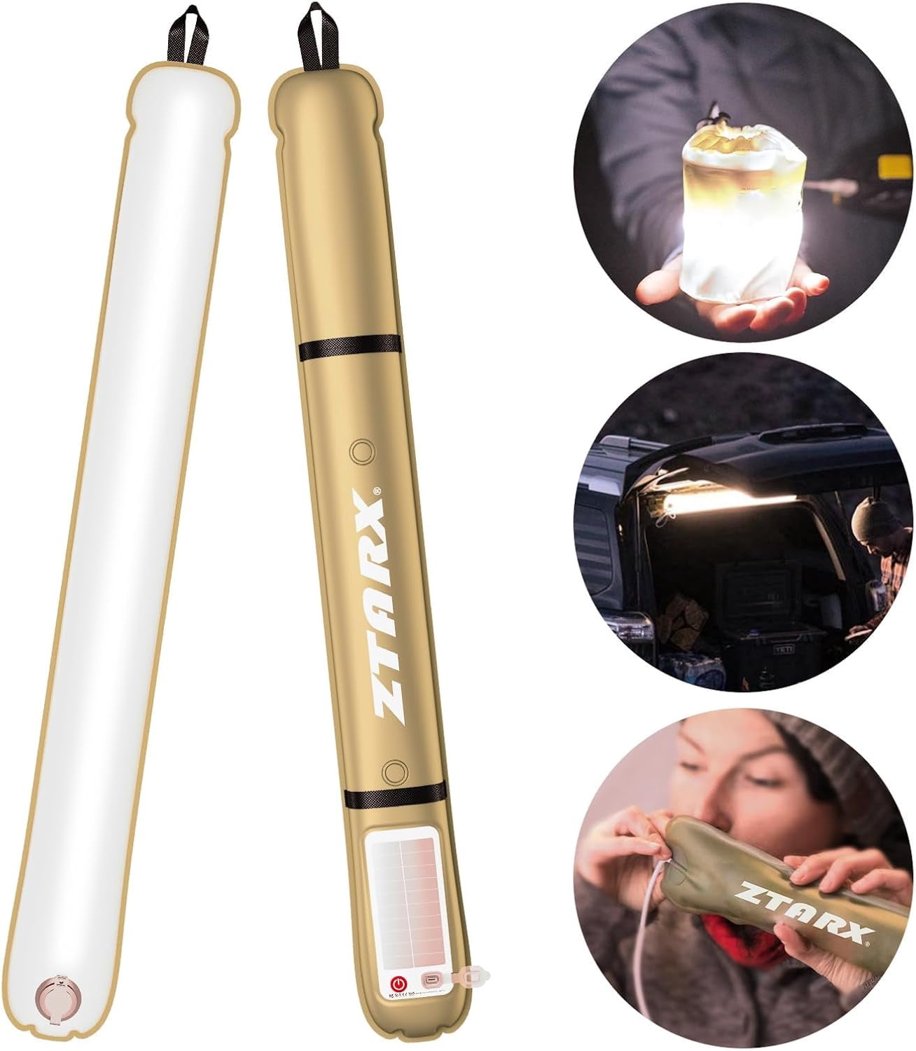 Rechargeable Camping Light Bar IP66 Waterproof LED Tube Foldable Inflatable Outdoor Tent Light for Hiking Traveling Party Khaki 2 PCS