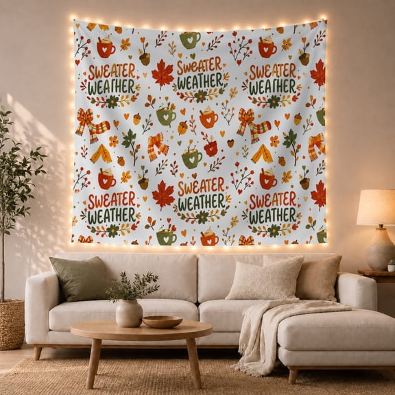 Sweater Weather Text with Mugs and Maple Leaves, Cozy Illustration for Cozy Decor Fans, Graphic Wall Art, Housewarming Gift, Tapestry Wall Hanging for Kitchen and Dorm