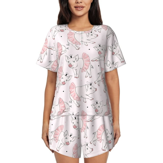 Disketp Mignon Ballerine Cochonnière pour 2 Pcs Shorts Vêtements de Nuit Ensemble de Pyjama à Manches Courtes pour Femmes Col Rond Pjs-TG
