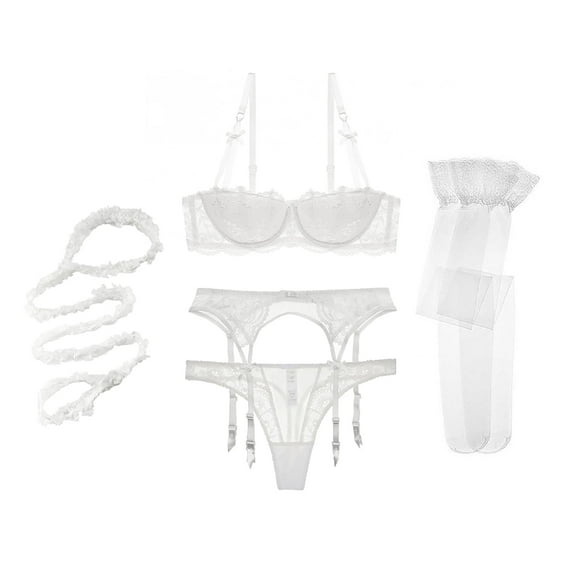 Women Push Up Bras Set Lace Lingerie Bra and Thong and Garter and Stocking and Halter 5Pcs