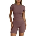 thumbnail image 2 of Htigea Womens Workout Sets Casual Cute Comfy Tracksuit Outfits Summer Short Sleeve Tops 2 Piece Shorts Set Today Deals Coffee,XL, 2 of 7