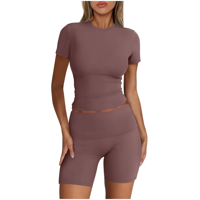 Cuhas.CA Ensembles 2 Pcs pour Femmes Été Mode Femme Couleur Unie Col Ras du Cou Coupe Ajustée Haut à Manches Courtes Shorts Ensembles de Sport Décontractés Survêtements Ensembles de Survêtement pour Femmes 2 Pcs, S