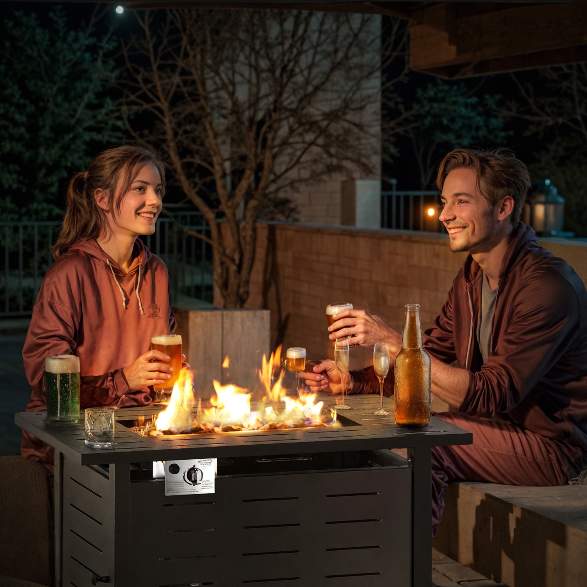 Aoxun 44" Propane Fire Pit Table, 50,000 BTU Auto Ignition Steel Gas Fire Pit with Removable Lid & Waterproof Cover for Patio, Backyard, Black