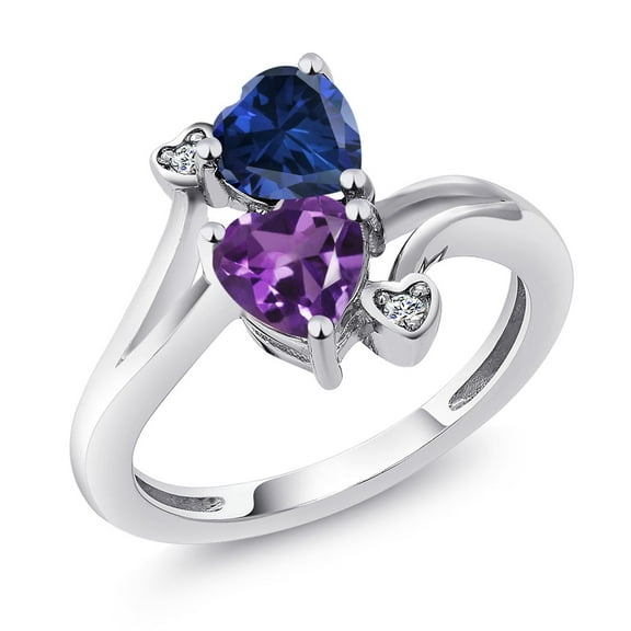 Gem Stone King 1.48 Cttw Blue Created Sapphire Purple Amethyst and White Diamond Ring for Women | 925 Sterling Silver | Heart Shape 6MM | Wedding Engagement Anniversary Promise Ring for Women| Size 5