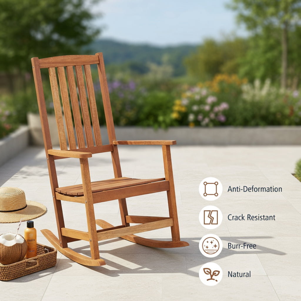 Hommoo Ergonomic Hardwood Patio Rocking Chair, High-Back Outdoor Rocker with Smooth Rocking Base for Backyard, Porch & Balcony, Natural