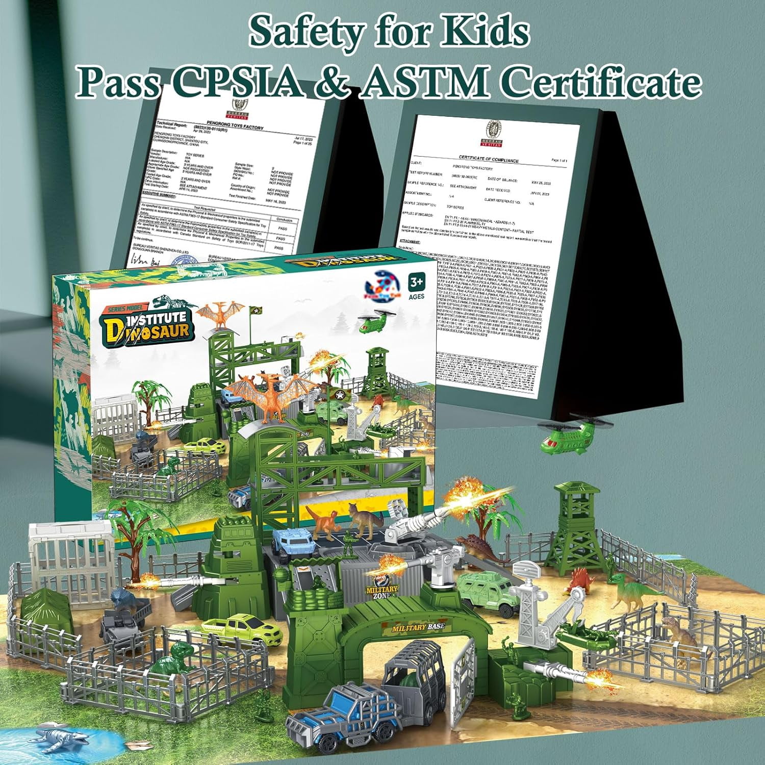STEM Military Dinosaur Battle Playset - 56 Piece Army Toy Set with Soldiers, Helicopter, Je-ep, Trucks, Cannon, Tents & Battle Mat - Educational Combat Toys for Boys Ages 3-12