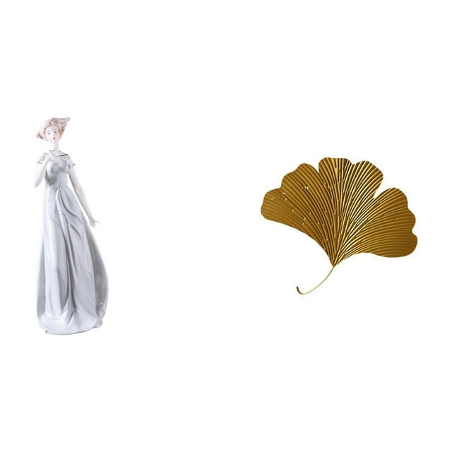Figura De Porcelana De Una Dama Con Hojas De Ginkgo. Escultura Moderna De Una Joven Nórdica Y Decoración De Pared De Hierro Forjado Para Sala De Estar, Oficina U Hotel.