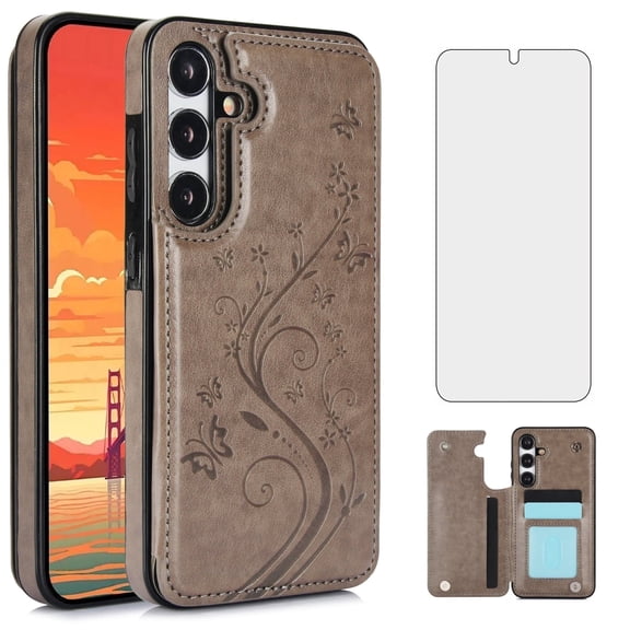 Asuwish Compatible with Samsung Galaxy S25 5G Wallet Phone Case Tempered Glass Screen Protector and Flower PU Leather Credit Card Holder Stand Cell Cover for S 25 25S 25 25S SM-S931U Women Men Grey