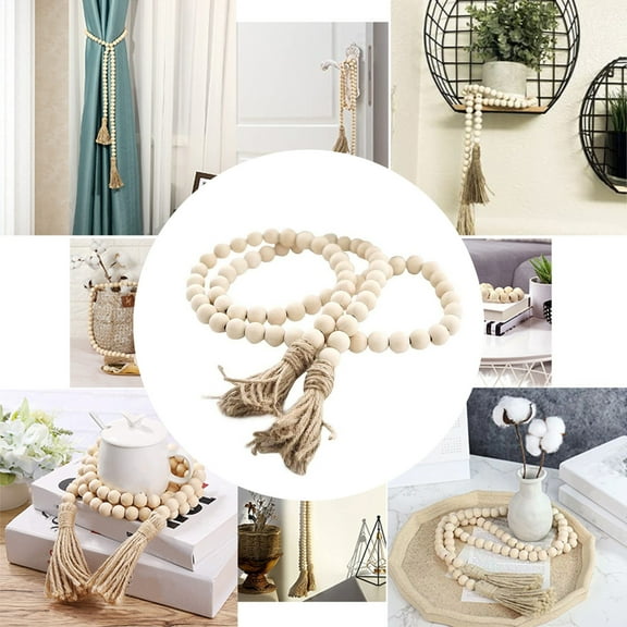 84 Pcs Natural Wooden Bead Tassel Fringe String Decor - 16Mm Wood Beads, Jute Rope Fringe, 59 Inch Total Length - For Home Decoration, Party Decor, Wall Hangings, Boho Style,