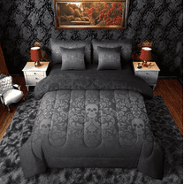 Damask Gothic Bedding Set Adults Antique Victorian Bed in a Bag King Size Comforter Set 7 Pieces,Black Gray Sugar Skull Sheet Set Vintage Floral Goth Bed Set,Exotic Bone Skeleton Bohemian Decor