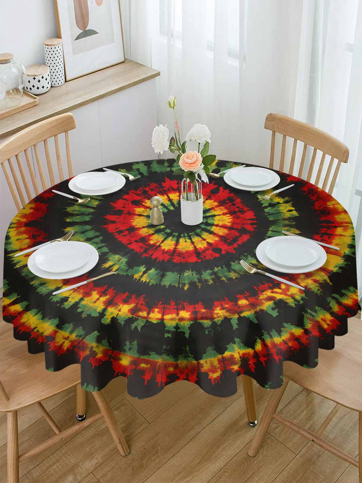 Round Tablecloth Abstract Ethnic Tie Dye Waterproof Oil Proof Polyester Table Cloth Cover Decor for Home Dining Outdoor,Patio,Parties, 60" Dia. Red Green Yellow Black