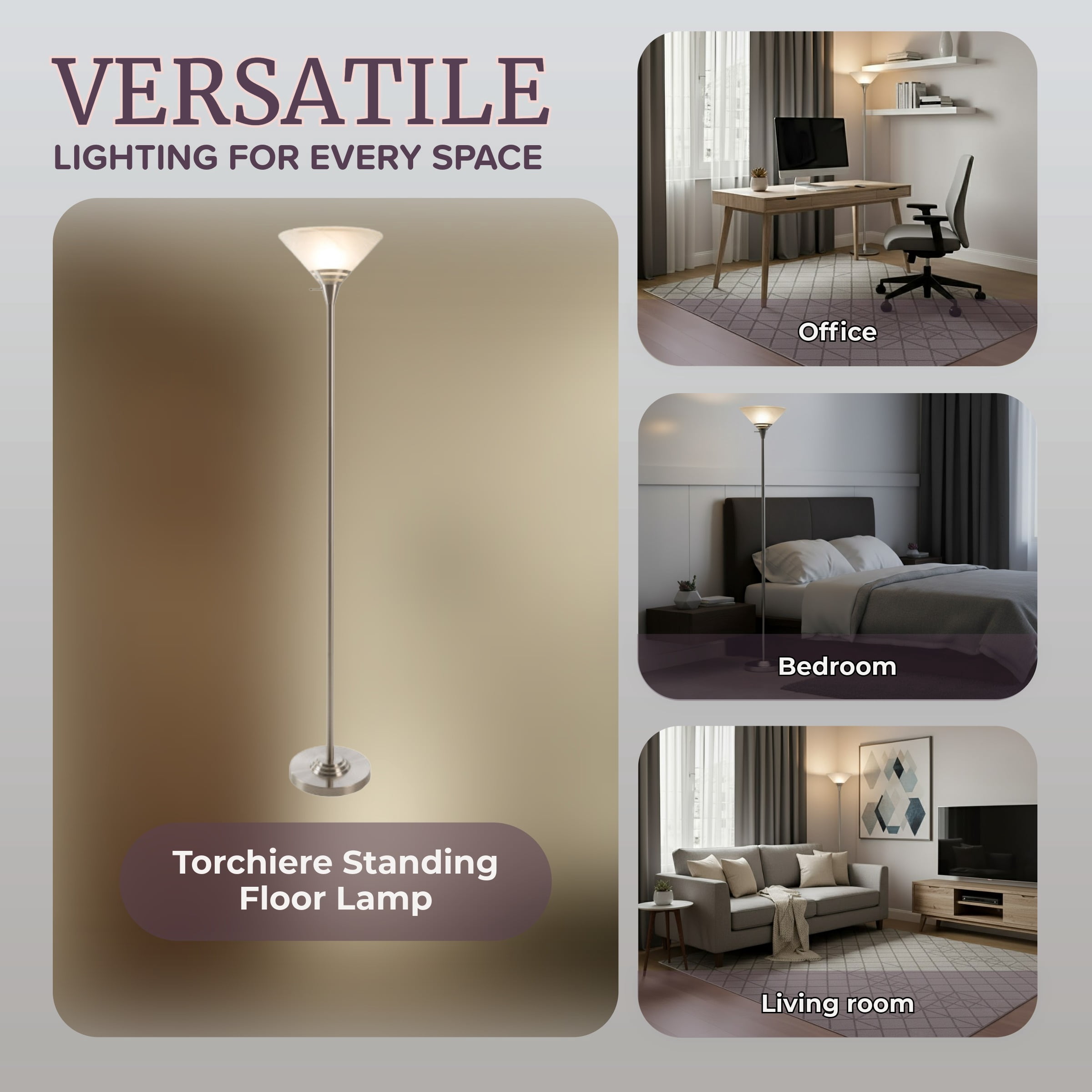 Lavish Home Torchiere Floor Lamp with Metal Base and Marbled Shade (Silver)