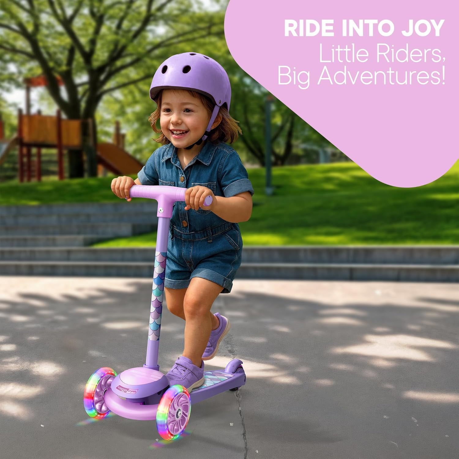 Scooter Stars 3-Wheel Kids Scooter with Light-Up LED Front Wheels, Wide Anti-Slip Deck, Rear Foot Brake, Lean-to-Steer Ride-On Toy