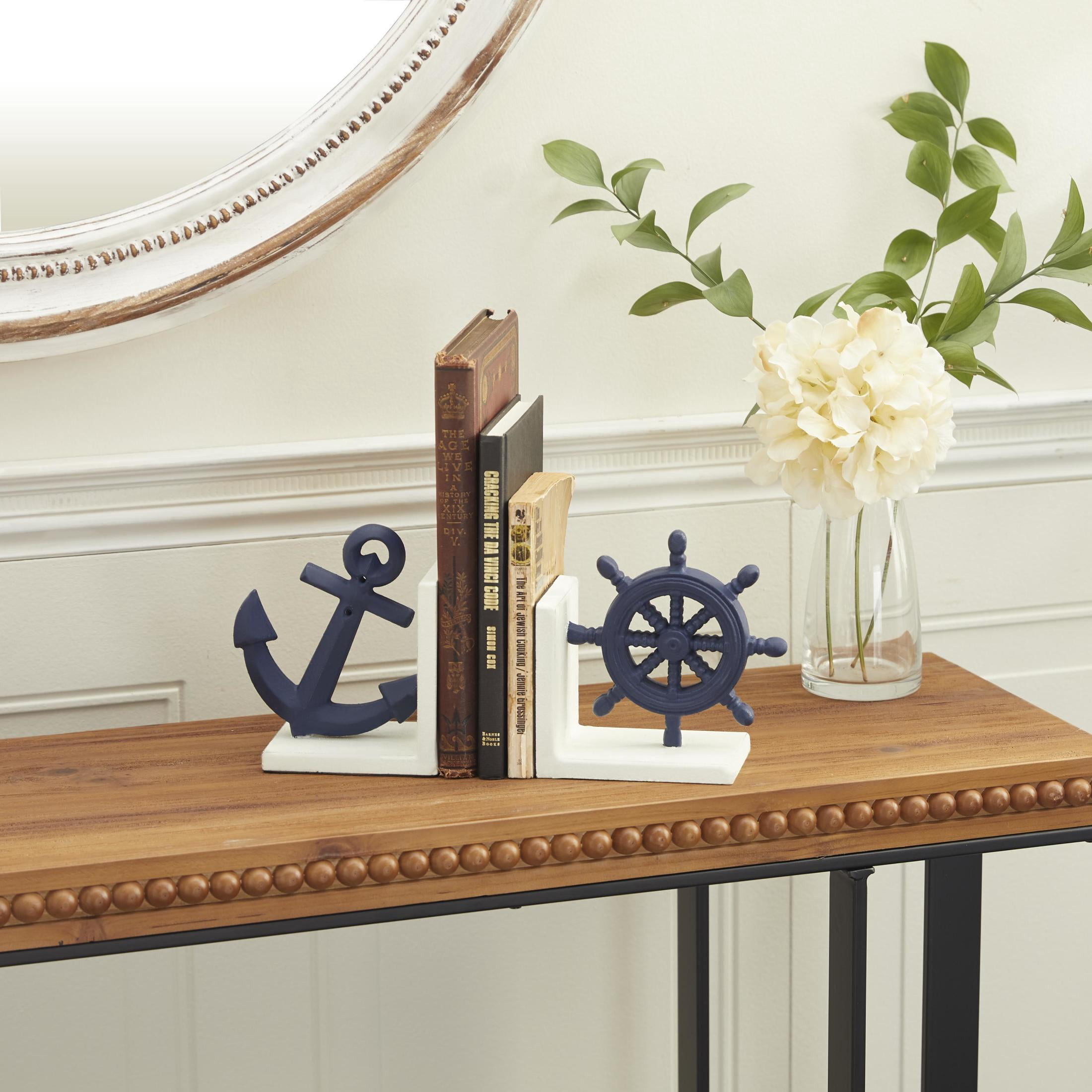 DecMode 6" Anchor Ship Wheel Blue Metal Bookends (Set of 2)