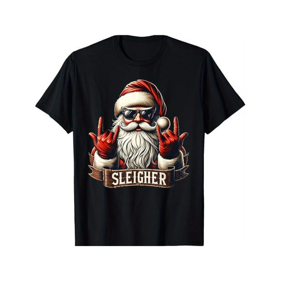 T Shirt Men's & Women's Sleigher Santa Metallic Christmas Black Crew Neck Rocker Santa Claus Graphic