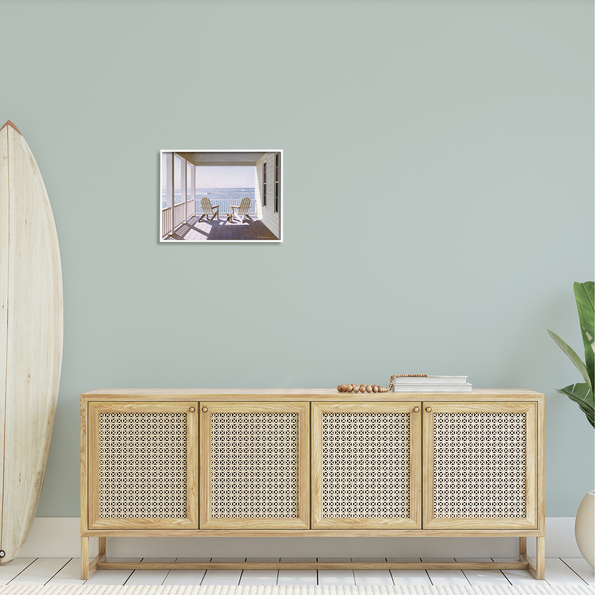 Stupell Industries Porch Chairs Overlooking the Tide Realistic Painting Framed Art Print Wall Art, 20x16, By Zhen-Huan Lu