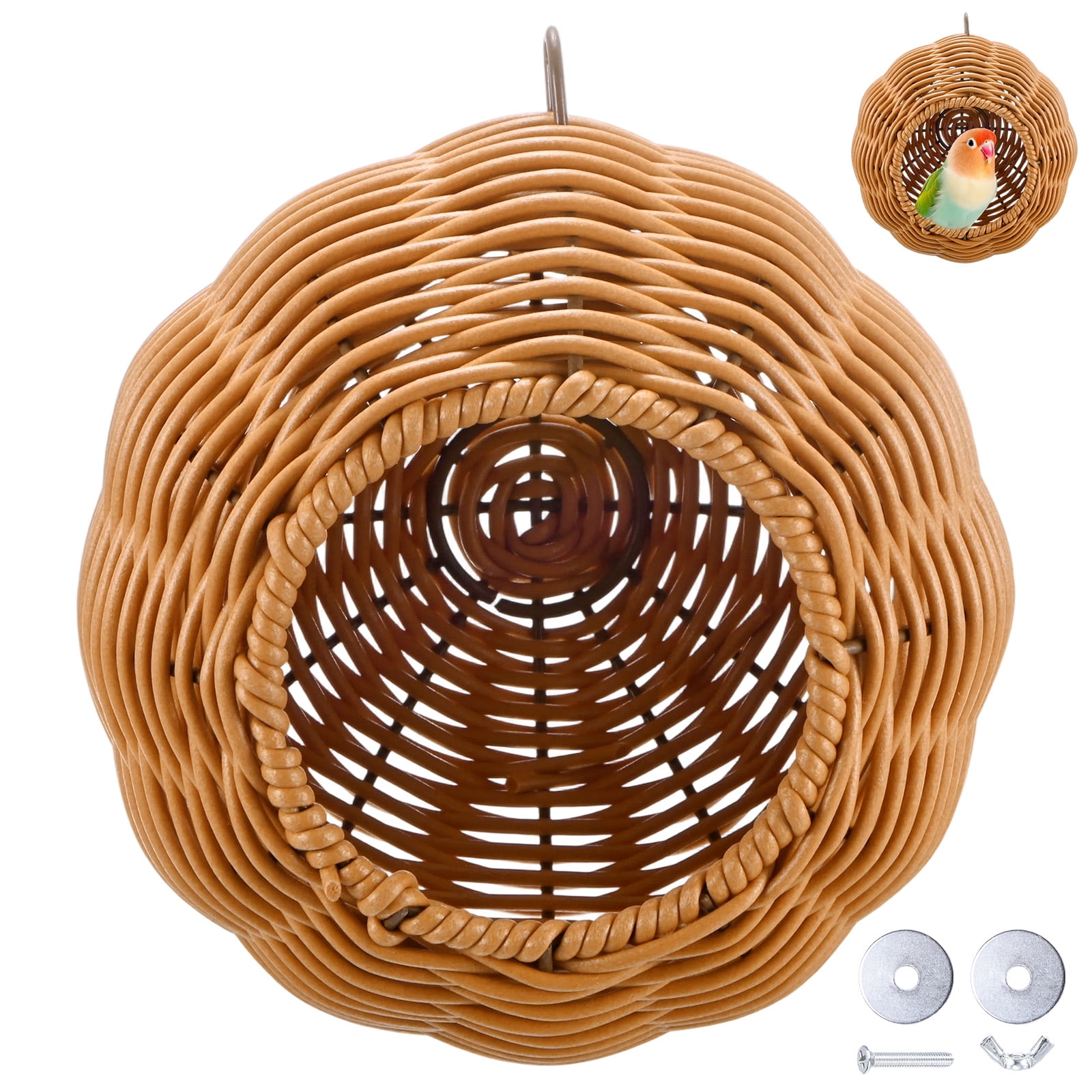 Uxcell Simulated Rattan Hanging Bird Nest, Chew-proof Steel Frame Birdhouse, for Cockatiels, Budgerigars, Finches, Mountable Nest, Single-Hole