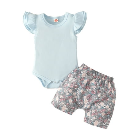 

JYYYBF Infant Baby Girls 2Pcs Outfits Solid Color Knit Rib Ruffled Fly Sleeve Rompers Floral Print Shorts Summer Set