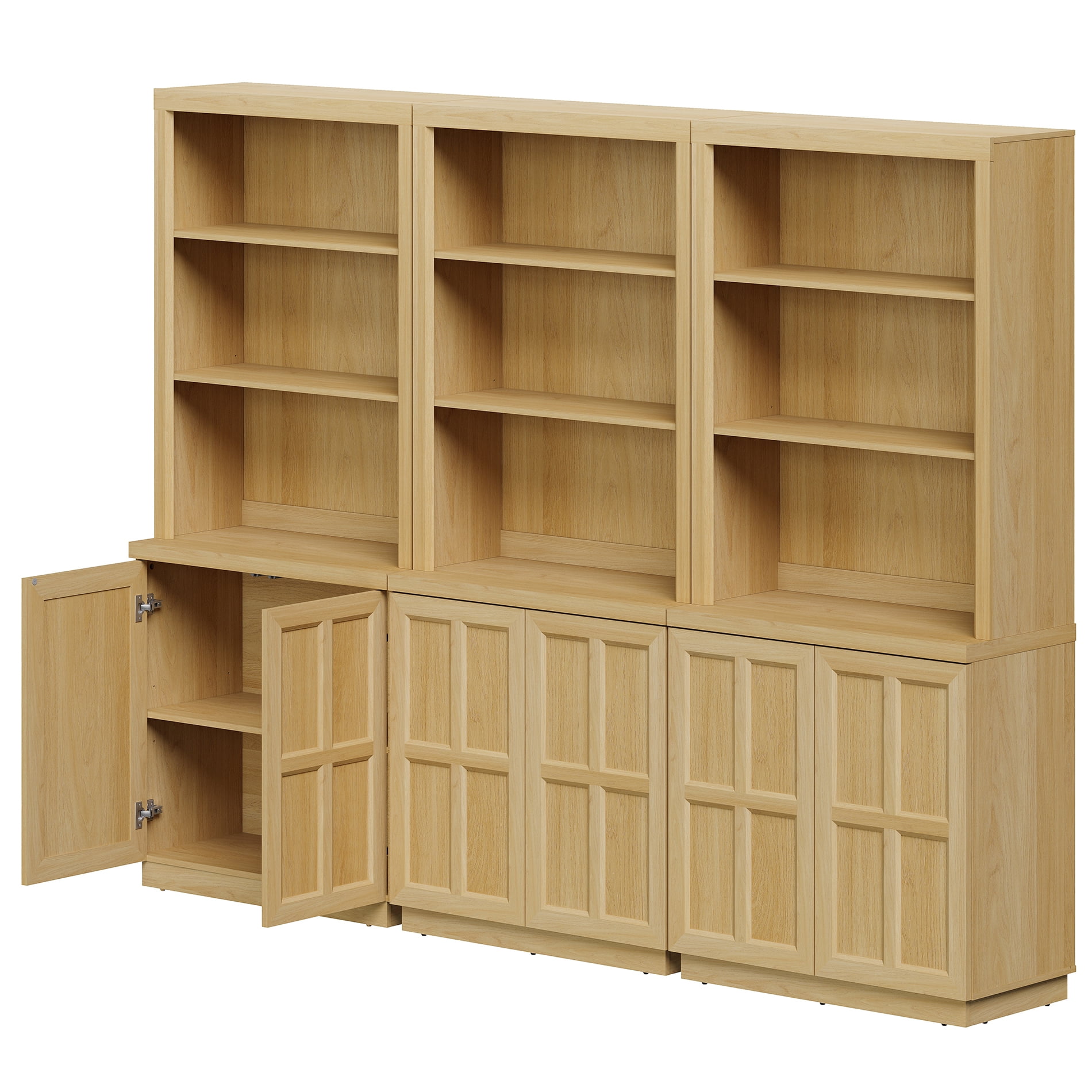 HOMOOI 3-in-1 Freestanding Pantry Cabinet, Boho Rustic Hutch with Open Display Shelves & Adjustable Inner Shelves, Anti-Wobble Wooden Storage Organizer for Kitchen, Dining Room, Entryway,Oak