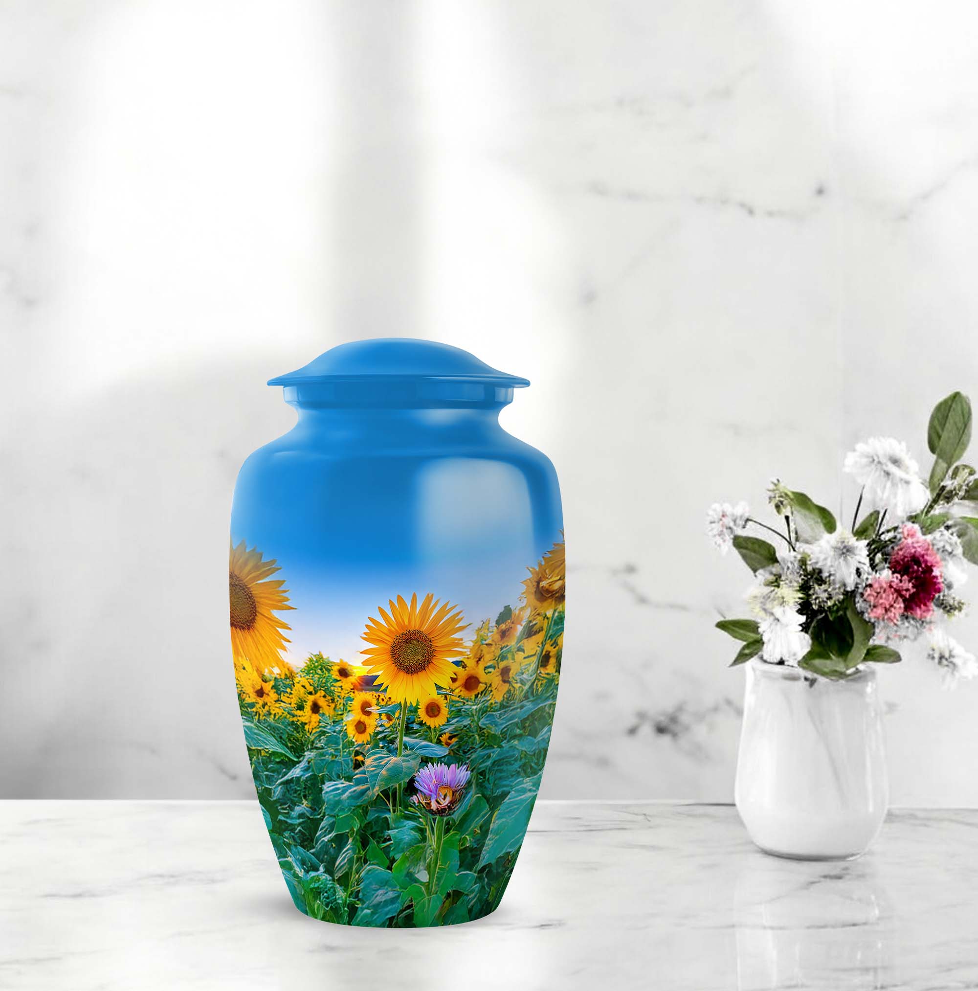 Sunflower Cremation Urns For Ashes For Women, Blue Decorative Urn For Ash Adult Male - 10 Inch, Large Urns For Human Ashes Adult Man, Sunset Burial Urn For Home Or Ceremony