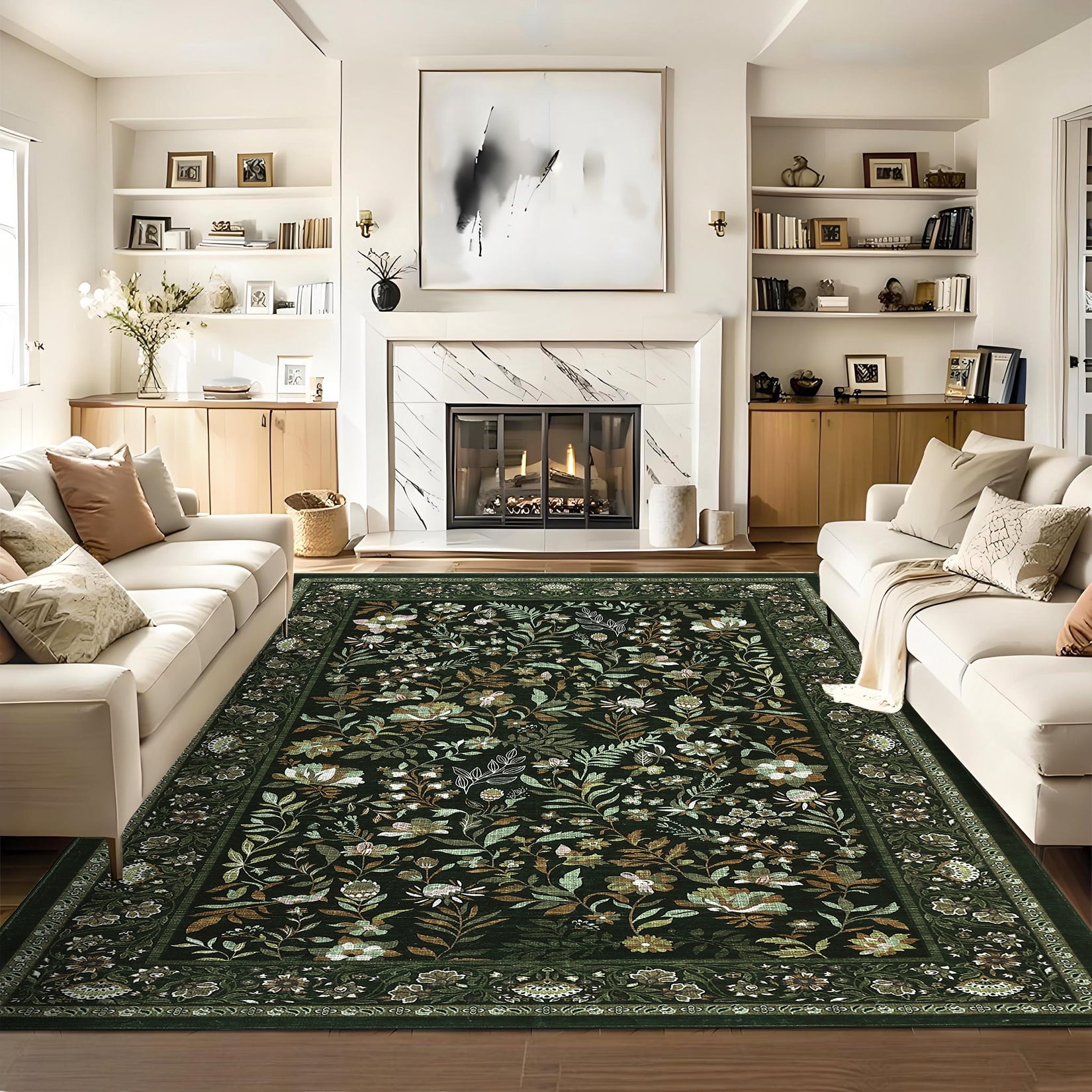 Garvee 8'x10' Vintage Floral Area Rugs Washable Botanical Printed Rugs Carpet, Low Pile Non Slip Oriental Rug Stain Resistant Indoor Rugs for Living Room Bedroom Dining Room, Dark Green