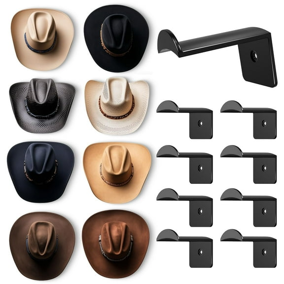 2.8 Inch Hat Hooks for Wall - (8 Pack) Cowboy Hat Rack, Strong Adhesive Cap Holder, Organizer for Baseball Caps, Western Room Decor - Black