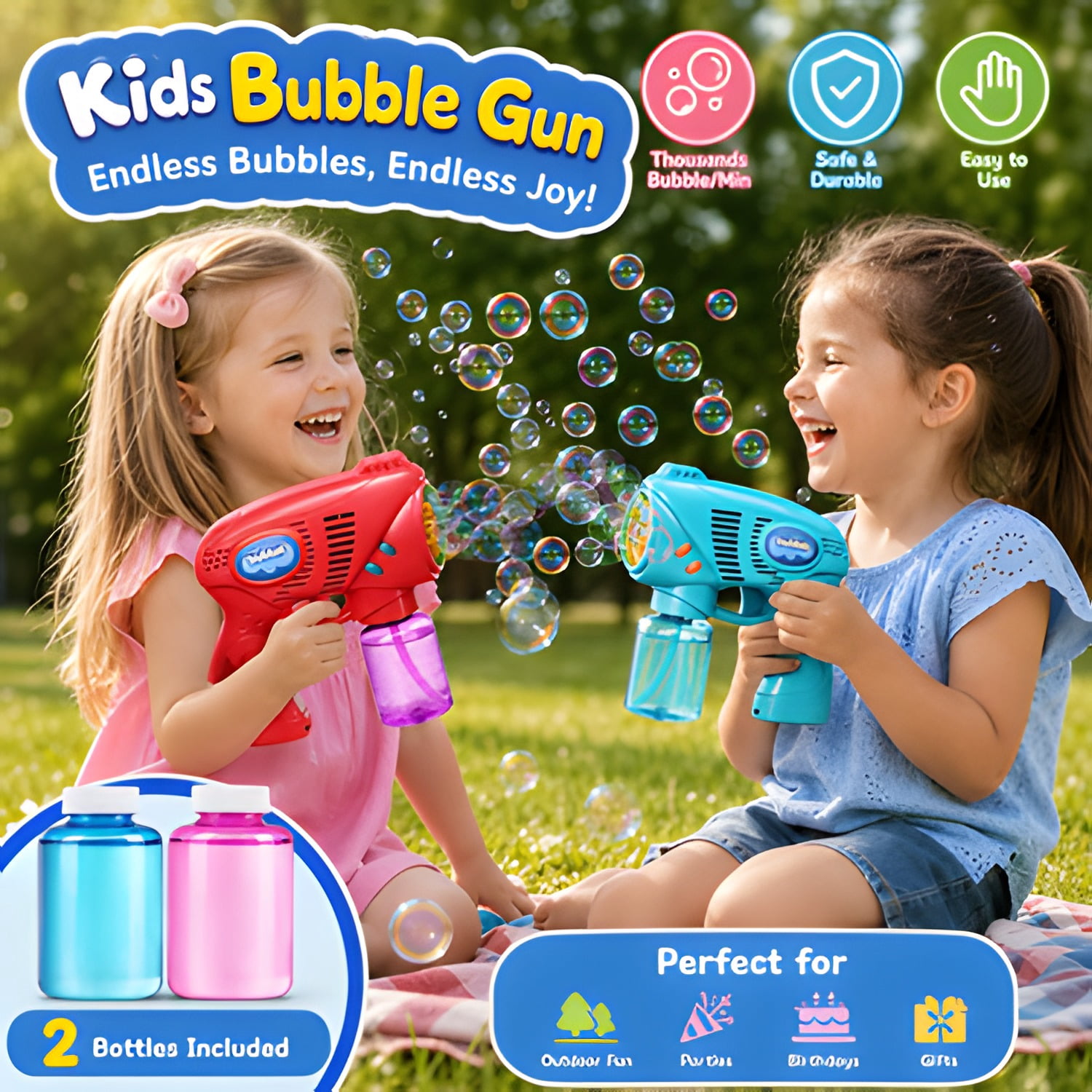 2 Kids Bubble Gun with 2 Bottles Refill Solution, Bubble Machine Gun for Toddlers 1-3 Kids 4-8, Party Favors, Summer Toy, Outdoors, Easter, Birthday Gift
