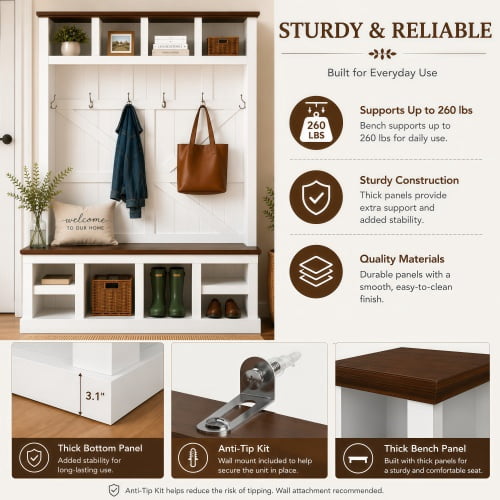 78.8" H Farmhouse Hall Tree with Bench and Shoe Storage – Entryway Coat Rack with 6 Double Hooks, 4 Top & 4 Bottom Cubbies, Adjustable Shelves, White