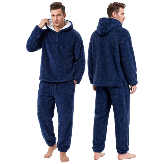 VUICANODON Men's Warm Fleece Hoodie Pajama Set Loose Loungewear For Men