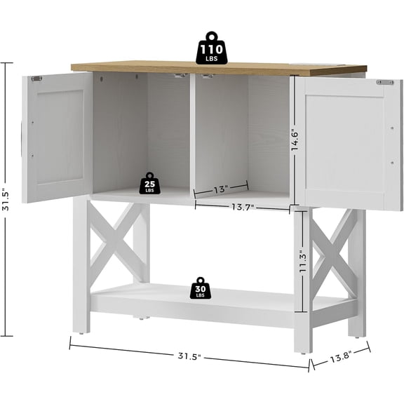 Farmhouse Console Table with Storage Cabinet and Power Outlets for Entryway Hallway Kitchen Living Room, White