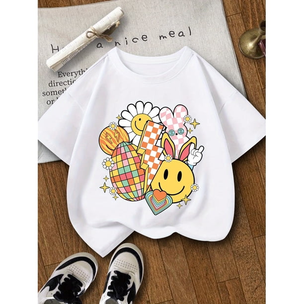 Easter Smile Bier Print Girls Summer Short Sleeve T-Shirt, Soft, Elastic And Comfortable Round Neck Short Sleeve T-Shirt, Girls Casual Outdoor Sports Summer Top, Suitable for 7-14 Years Old