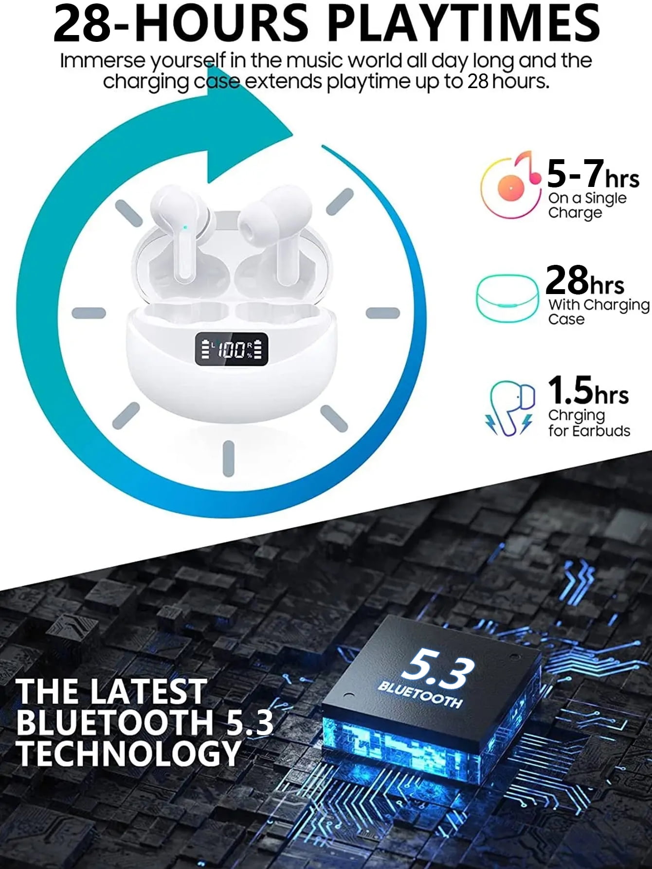 Wireless Earbuds Bluetooth Headphones Sport Earphones with LED Display Over-Ear Buds with Earhooks Built-in Mic Headset for Workout