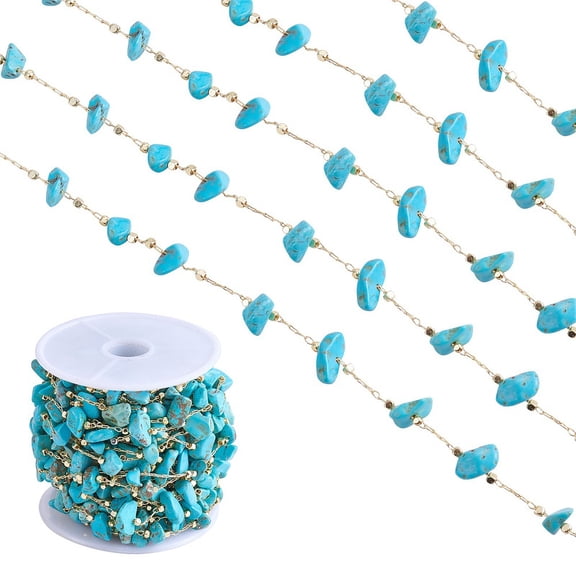 Turquoise Chips Beaded Chains with Golden Brass Findings Long-Lasting Plated Soldered with Spool 4~14x4~11x2~7mm