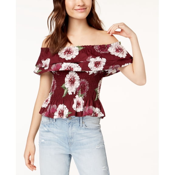 Planet Gold Juniors Cotton Off The Shoulder Smocked Top Red Floral XL