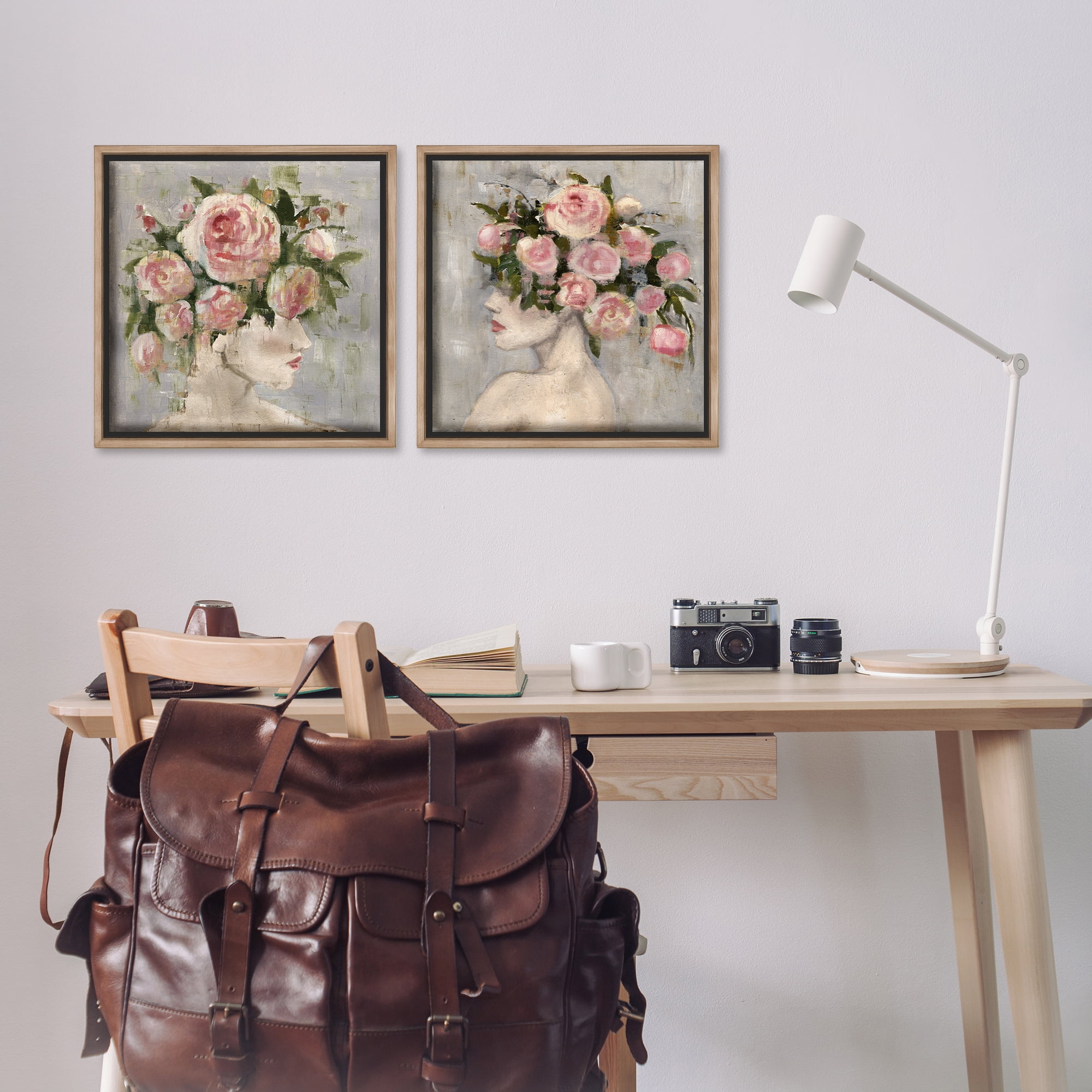 Stupell Industries Surreal Women with Roses People Painting Brown Floater Framed Canvas Art Print Wall Art, 18 x 18, Set of 2