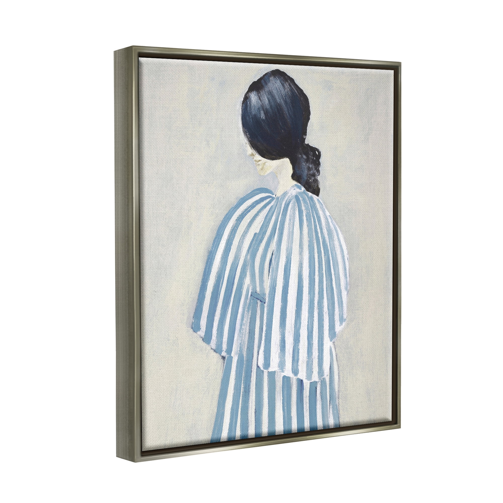 Stupell Industries Girl in Blue Striped Dress Beauty & Fashion Painting Gray Floater Framed Art Print Wall Art, 25 x 31