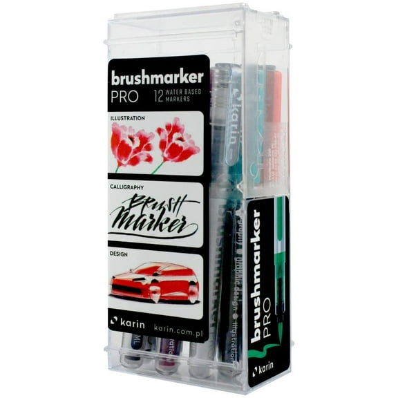 Karin Brushmarkers Pro Markers and Sets - Set of 12, Basic Colors with Blender
