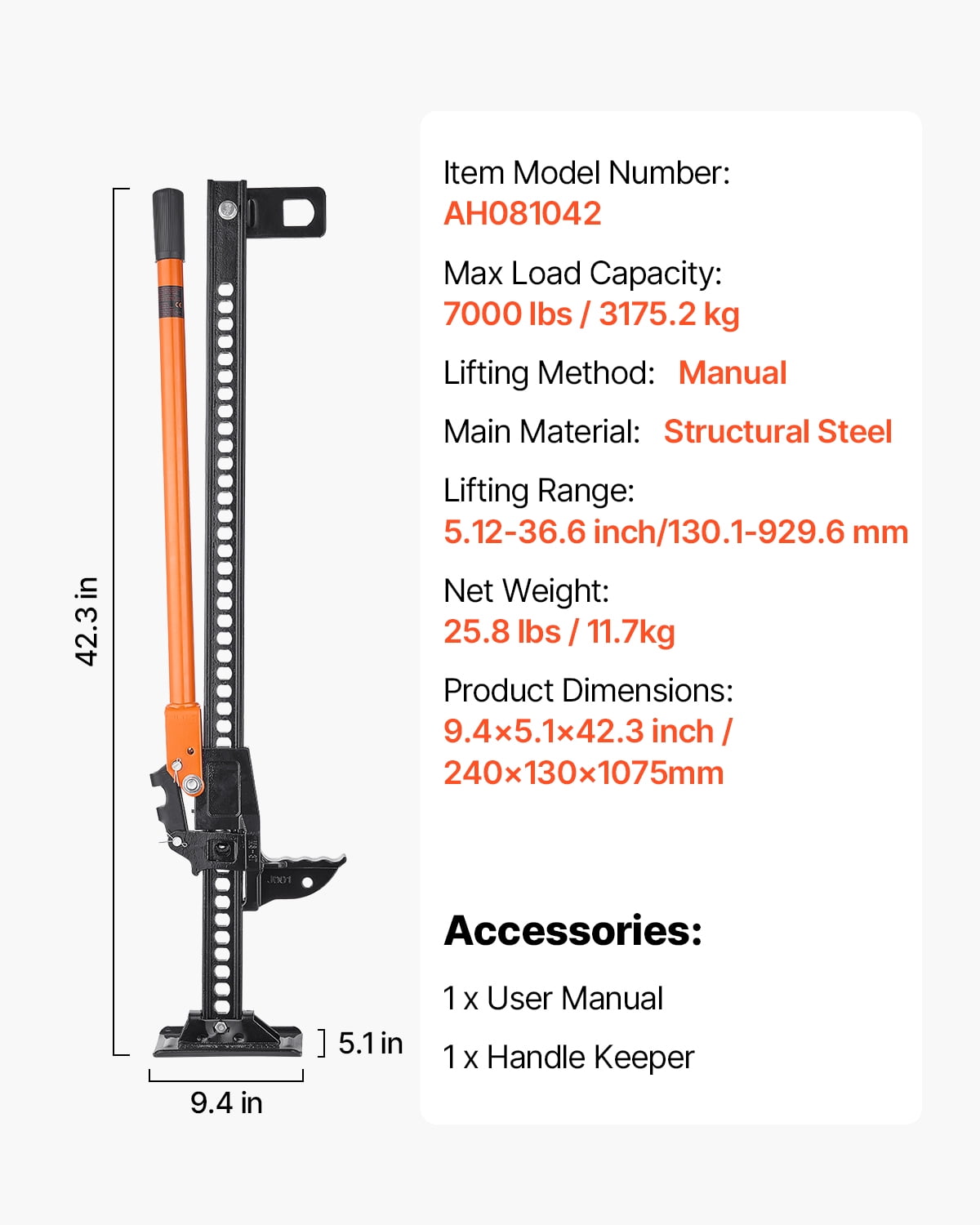 VEVOR Farm Jack, 42" Utility High Lift Farm Jack, 3.18 Ton (7,000 lbs) Capacity Ratcheting Off Road Utility Jacks, Heavy-Duty Lift Jacks with 5.12"-36.6" Lifting Range for Tractor, Truck, SUV